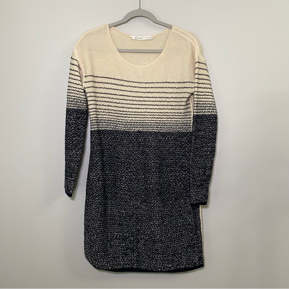 Athleta Olympia Long Sleeve Sweater Dress Cream Black Striped Merino Wool Small